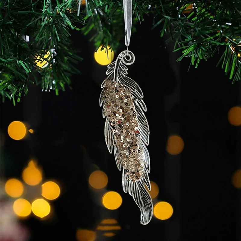 Ornement de Noël en forme de plume transparent en acrylique avec paillettes, décoration suspendue pour arbre de Noël