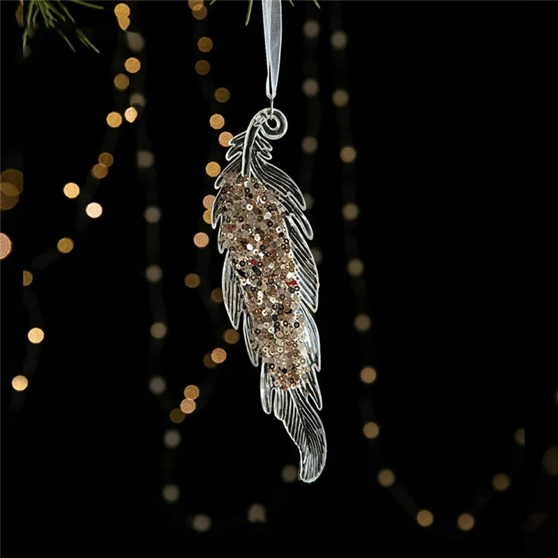 Ornement de Noël en forme de plume transparent en acrylique avec paillettes, décoration suspendue pour arbre de Noël