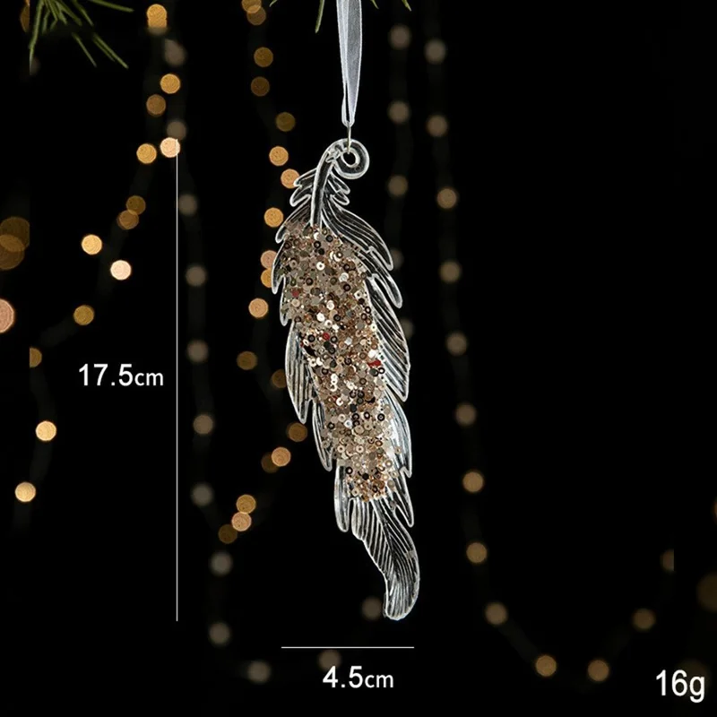 Ornement de Noël en forme de plume transparent en acrylique avec paillettes, décoration suspendue pour arbre de Noël
