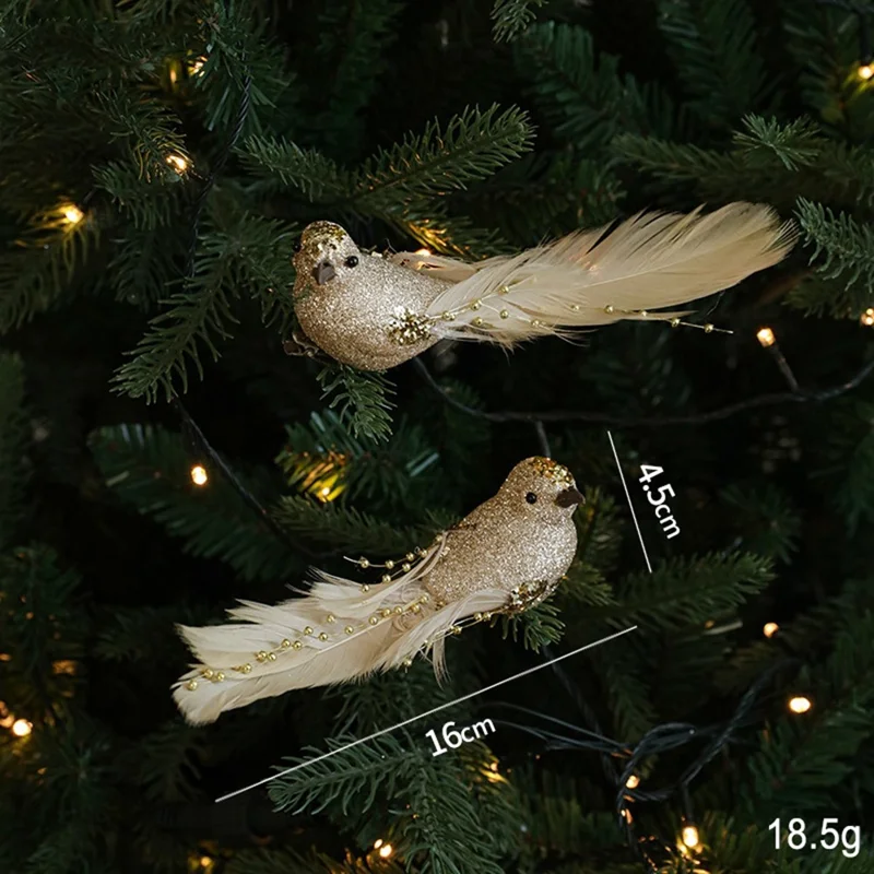 2 Stück kleine künstliche Vogel-Clip-Ornamente für Weihnachtsbaumdekoration, glitzernde Feder-Vögel - Gold