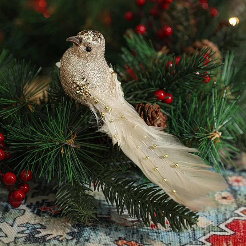 2 Stück kleine künstliche Vogel-Clip-Ornamente für Weihnachtsbaumdekoration, glitzernde Feder-Vögel - Gold