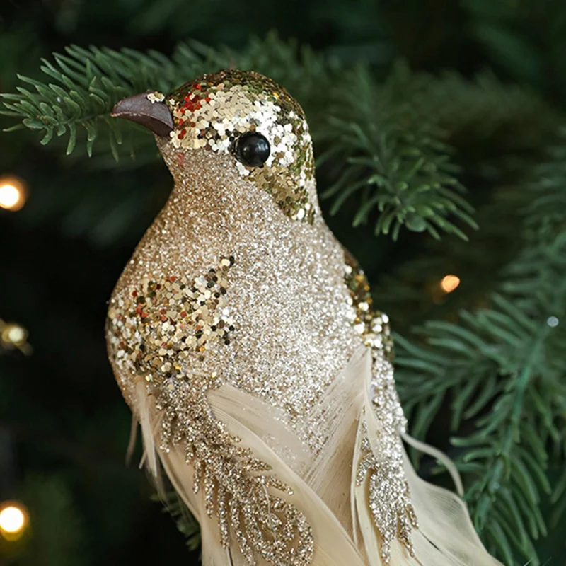 2 Stück kleine künstliche Vogel-Clip-Ornamente für Weihnachtsbaumdekoration, glitzernde Feder-Vögel - Gold