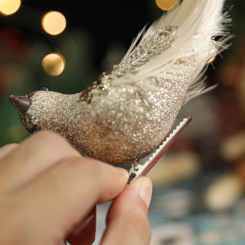 2 Stück kleine künstliche Vogel-Clip-Ornamente für Weihnachtsbaumdekoration, glitzernde Feder-Vögel - Gold
