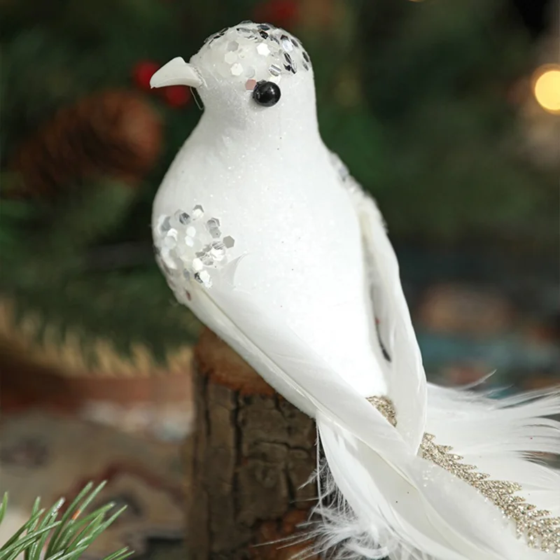 2 Stück kleine künstliche Vogel-Clip-Ornamente für Weihnachtsbaumdekoration, glitzernde Feder-Vögel - Gold