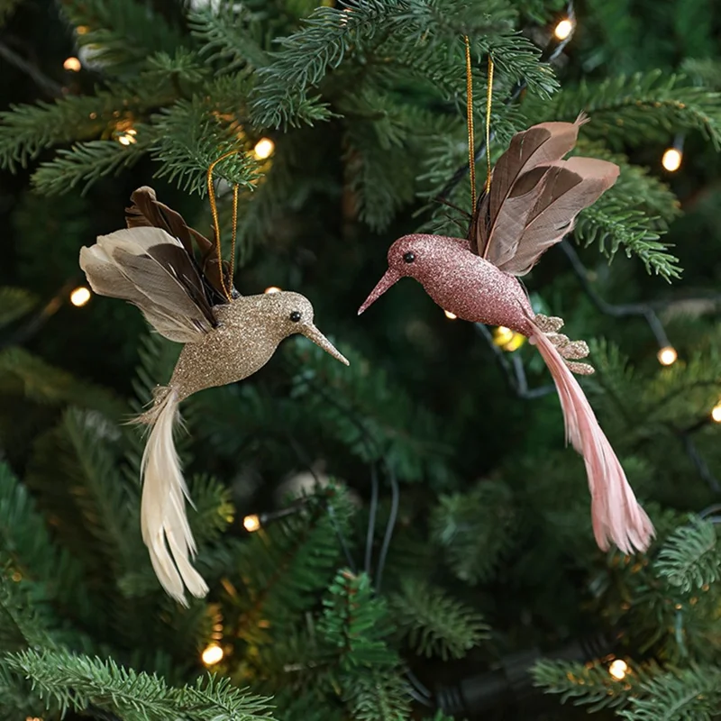 2 Stück kleine künstliche Vogel-Clip-Ornamente für Weihnachtsbaumdekoration, glitzernde Feder-Vögel - Gold