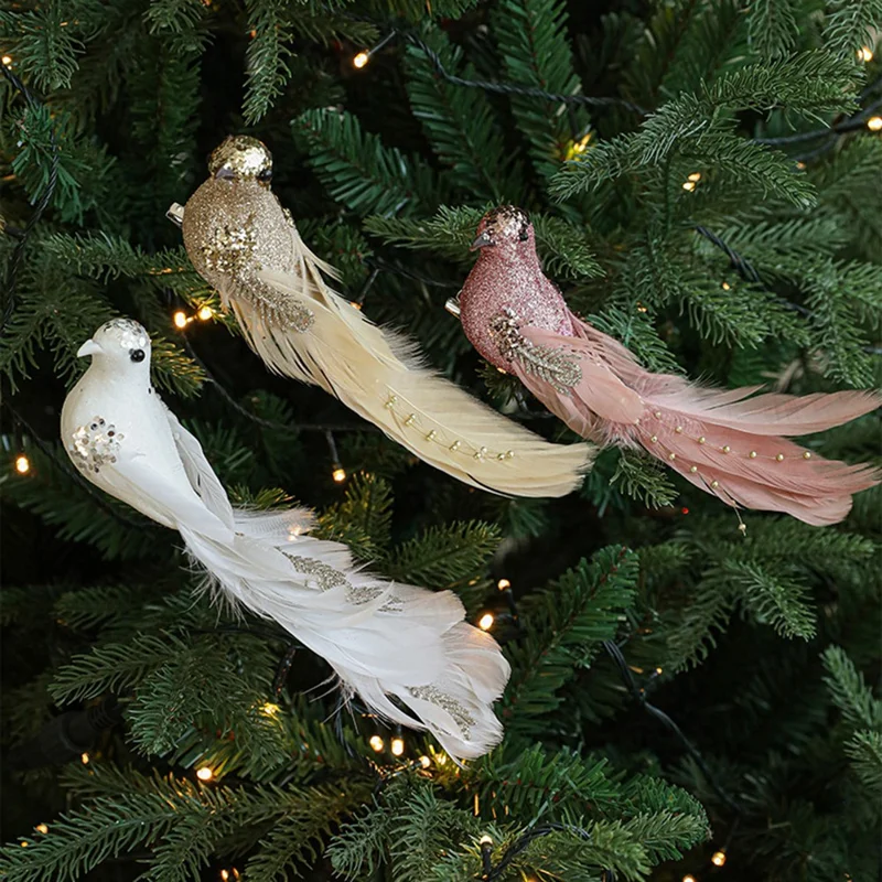 2 Stück kleine künstliche Vogel-Clip-Ornamente für Weihnachtsbaumdekoration, glitzernde Feder-Vögel - Gold