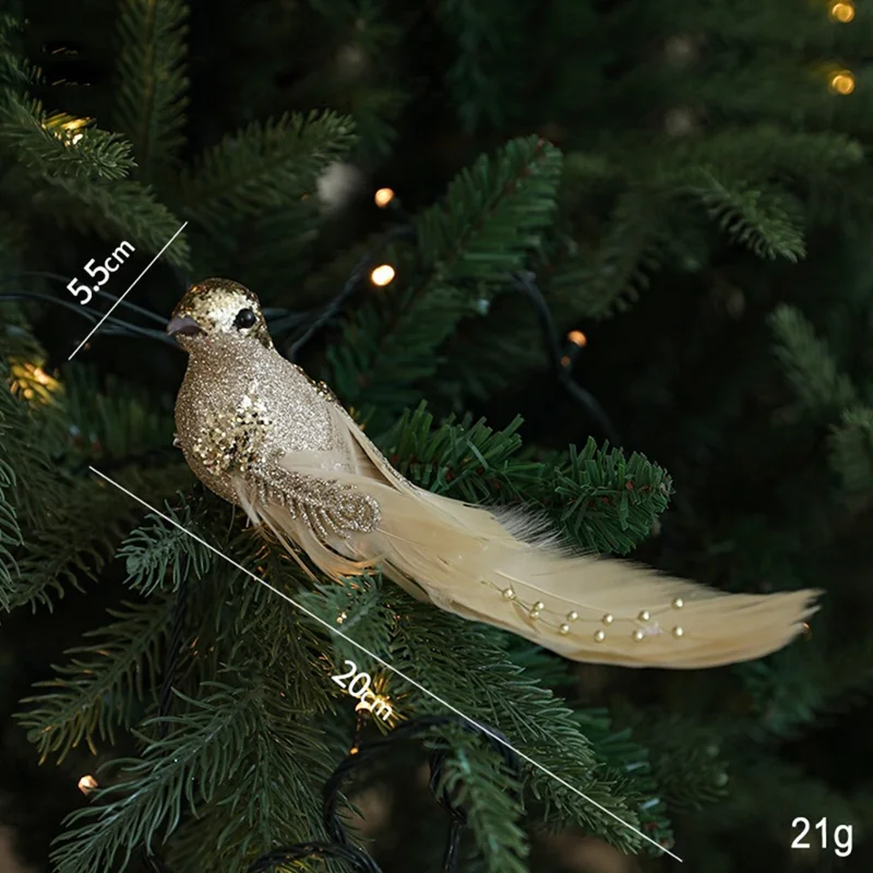 Store kunstige fugleklip til juletræsdekoration med glitrende fjer - Guld