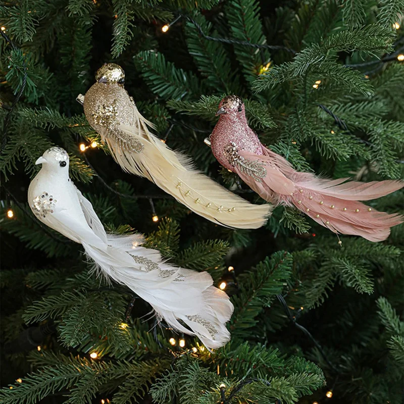 Store kunstige fugleklip til juletræsdekoration med glitrende fjer - Guld