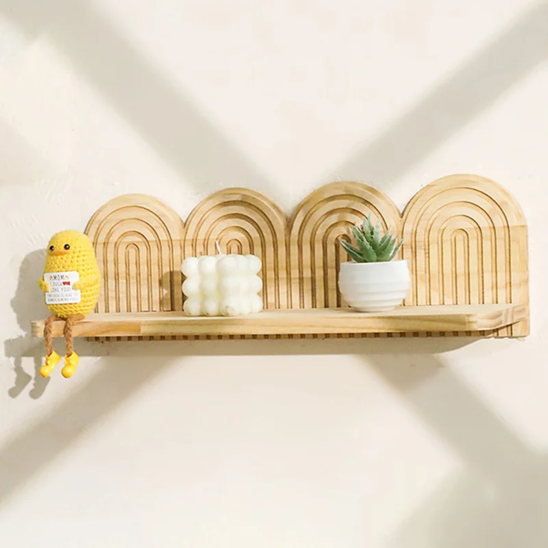 4-Layer Rainbow Arch Wooden Floating Shelf Wall Mount Flower Pot Rack for Home Decor - Wood Color