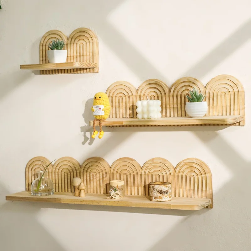 4-Layer Rainbow Arch Wooden Floating Shelf Wall Mount Flower Pot Rack for Home Decor - Wood Color