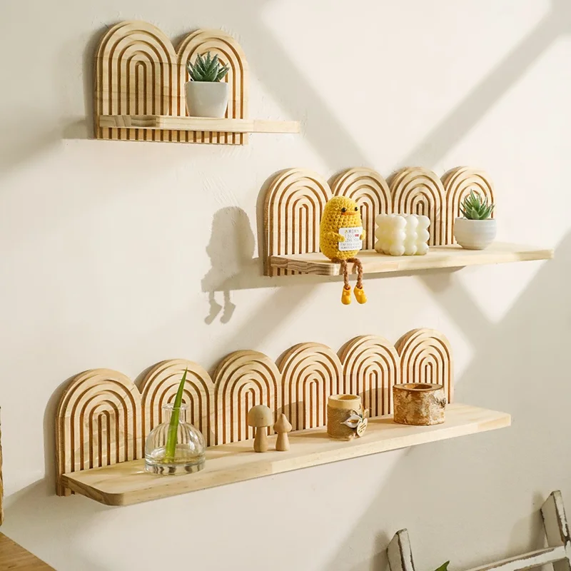 4-Layer Rainbow Arch Wooden Floating Shelf Wall Mount Flower Pot Rack for Home Decor - Wood Color