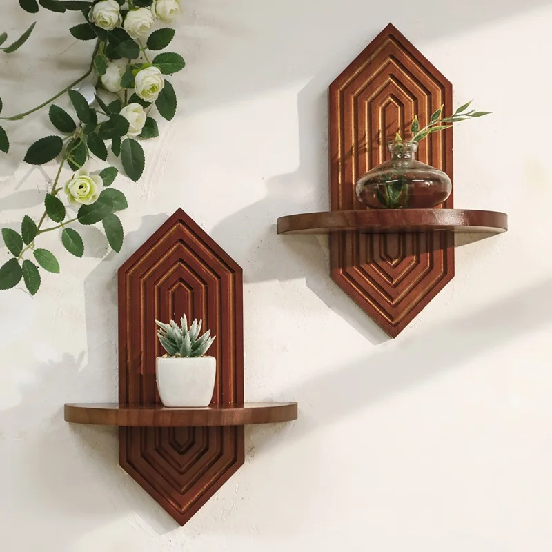 2Pcs Diamond Shape Wood Wall Floating Shelves Plant Pot Holders Home Decor - Dark Wood Color