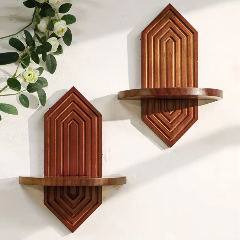 2Pcs Diamond Shape Wood Wall Floating Shelves Plant Pot Holders Home Decor - Dark Wood Color