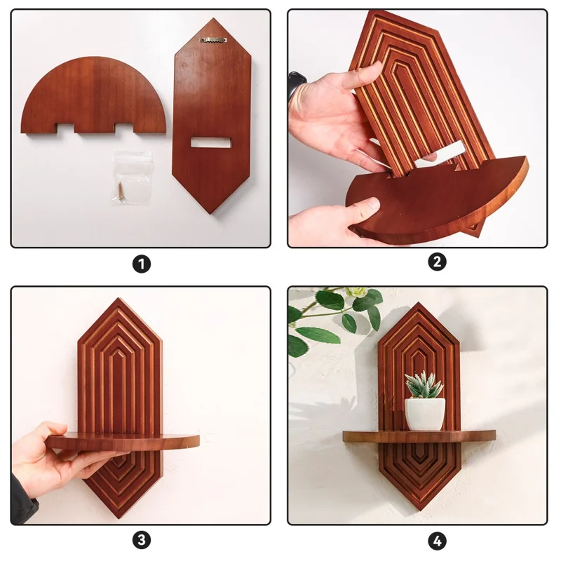 2Pcs Diamond Shape Wood Wall Floating Shelves Plant Pot Holders Home Decor - Dark Wood Color