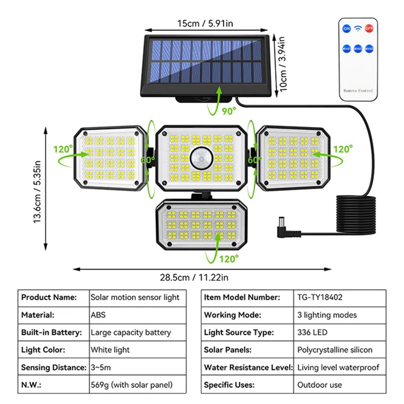 TG-TY18402 Solar Motion Sensor Light 4 Heads 336 LED 2000mAh Wall Lamp for Outdoor Garden Garage
