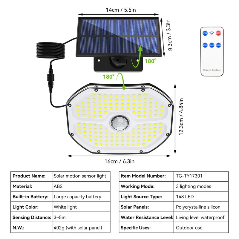 TG-TY17301 Solar Motion Sensor Wall Light 148 LED PIR Remote Control 3 Modes Security Light for Outdoor Garden