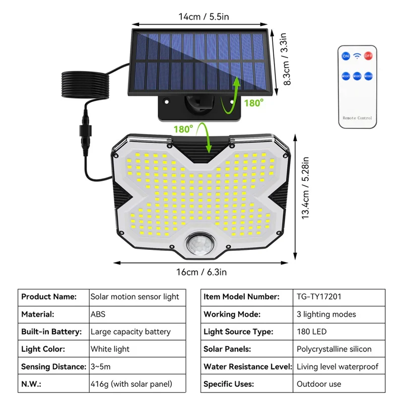 TG-TY17201 Solar Motion Sensor Wall Light 180 LED Remote Control 3 Modes Wall Lamp for Garden Patio