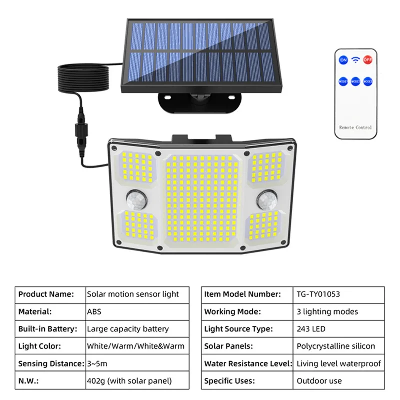 TG-TY01065 243-LED Solar Motion Sensor Wall Light 3 Modes Remote Control Wall Lamp for Outdoor Garden