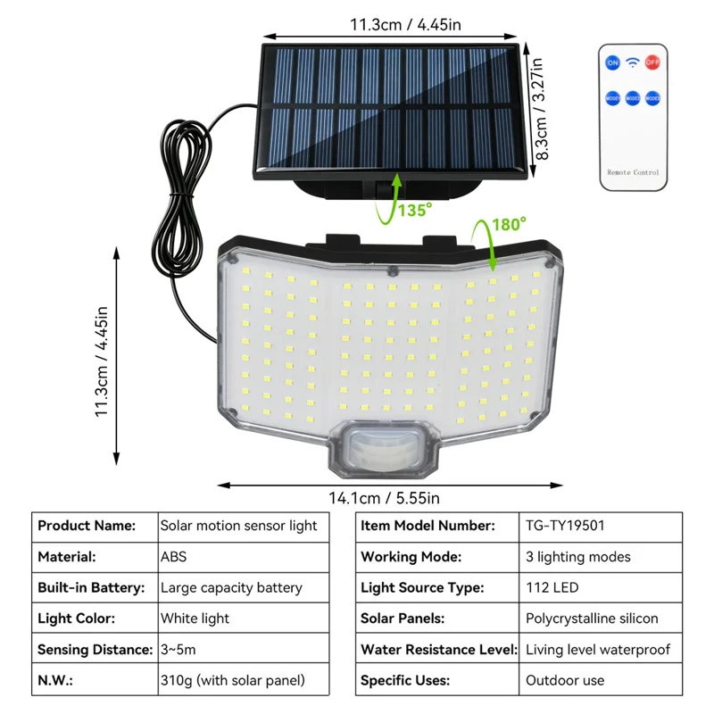 Luz de Parede Solar com Sensor de Movimento TG-TY19501, 112 LED, 3 Modos, Controlo Remoto, à Prova de Água, Luz de Segurança Exterior para Jardim e Terraço