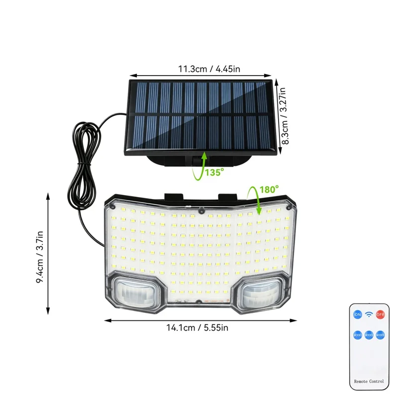 TG-TY19502 144-LED Solar Motion Sensor Wall Light 3 Modes Remote Control Waterproof Wall Lamp for Garden Patio