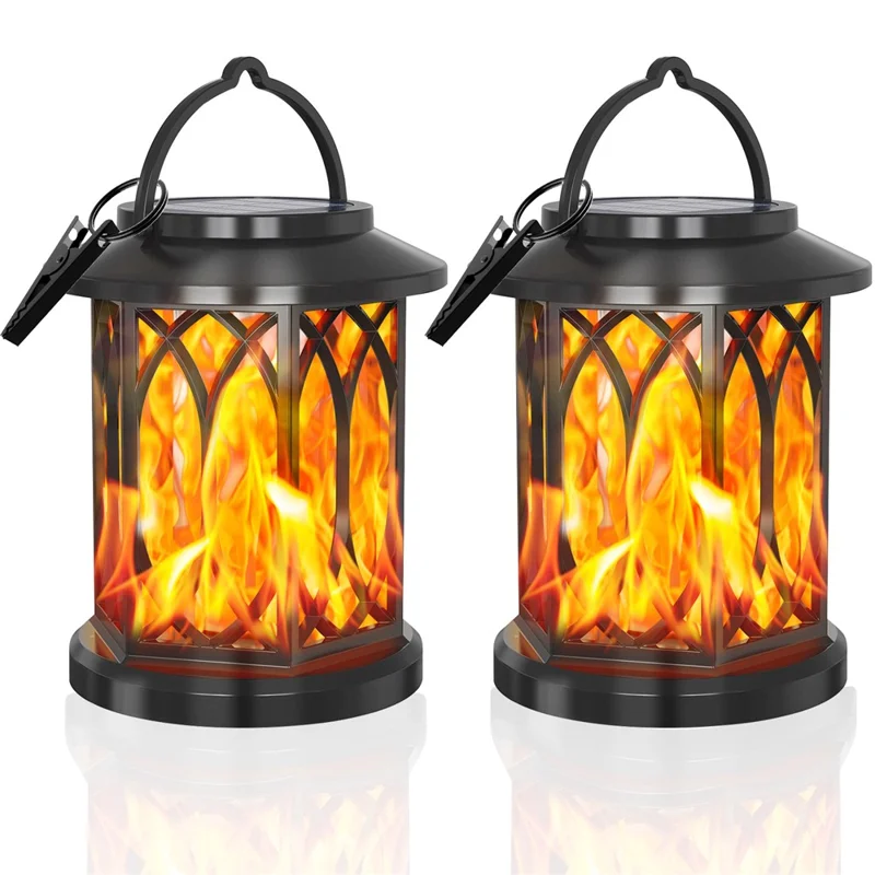 2Pcs Solar Flame Effect Lantern Design LED Flickering Light IP65 Waterproof Clip Hook Garden Light - Flame Type