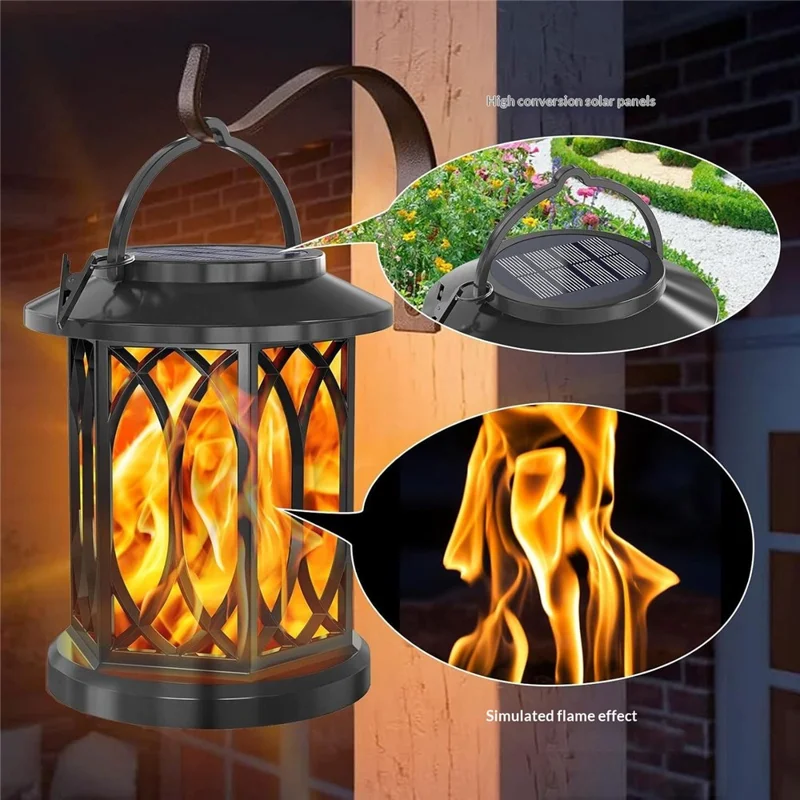 2Pcs Solar Flame Effect Lantern Design LED Flickering Light IP65 Waterproof Clip Hook Garden Light - Flame Type