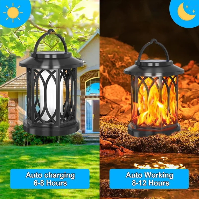 2Pcs Solar Flame Effect Lantern Design LED Flickering Light IP65 Waterproof Clip Hook Garden Light - Flame Type
