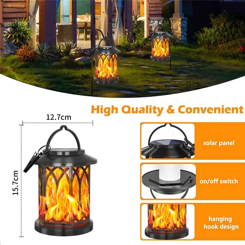 2Pcs Solar Flame Effect Lantern Design LED Flickering Light IP65 Waterproof Clip Hook Garden Light - Flame Type