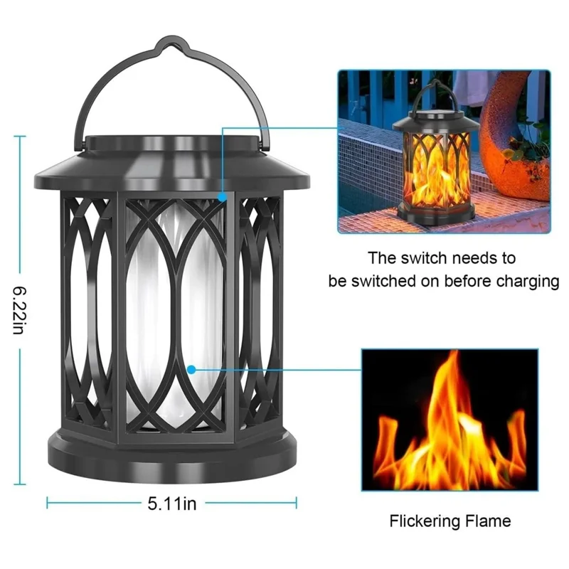 2Pcs Solar Flame Effect Lantern Design LED Flickering Light IP65 Waterproof Clip Hook Garden Light - Flame Type