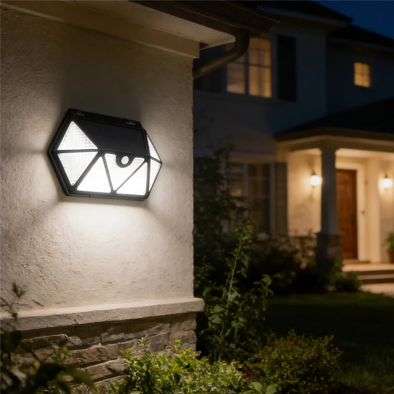 YY-61352 2 Pezzi 135 LED Luci Solari a Muro Design a Sette Lati Sensore di Movimento PIR Impermeabile IP65 Lampada da Esterno per Giardino Cortile Sicurezza
