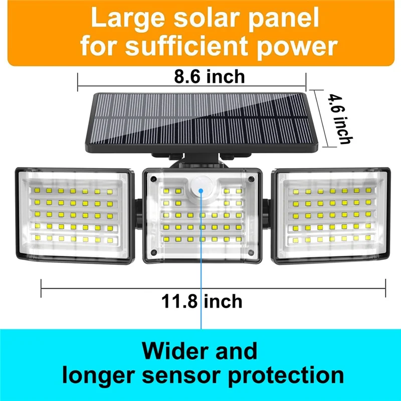 YY-20993 Solarbetriebene 3-köpfige LED-Sicherheitsleuchte mit PIR-Bewegungssensor, IP65 wasserdicht, Wandlampe für Hof, Garten, Garage