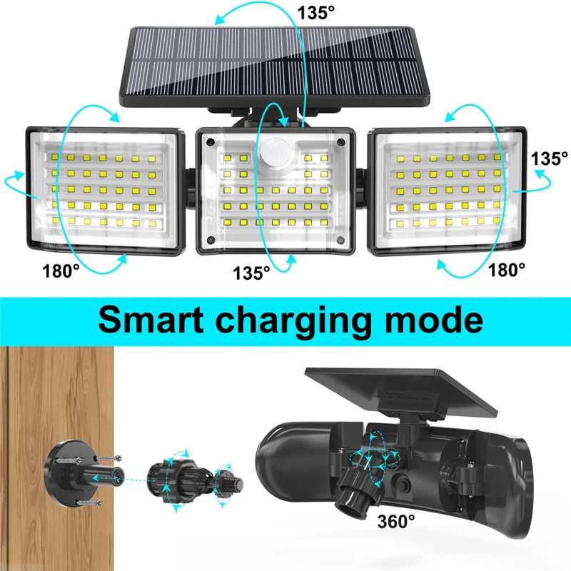 YY-20993 2 Stück Solarbetriebene 3-Kopf LED-Sicherheitsleuchte mit PIR-Bewegungssensor, IP65 wasserdicht, Wandlampe für Hof, Garten, Garage