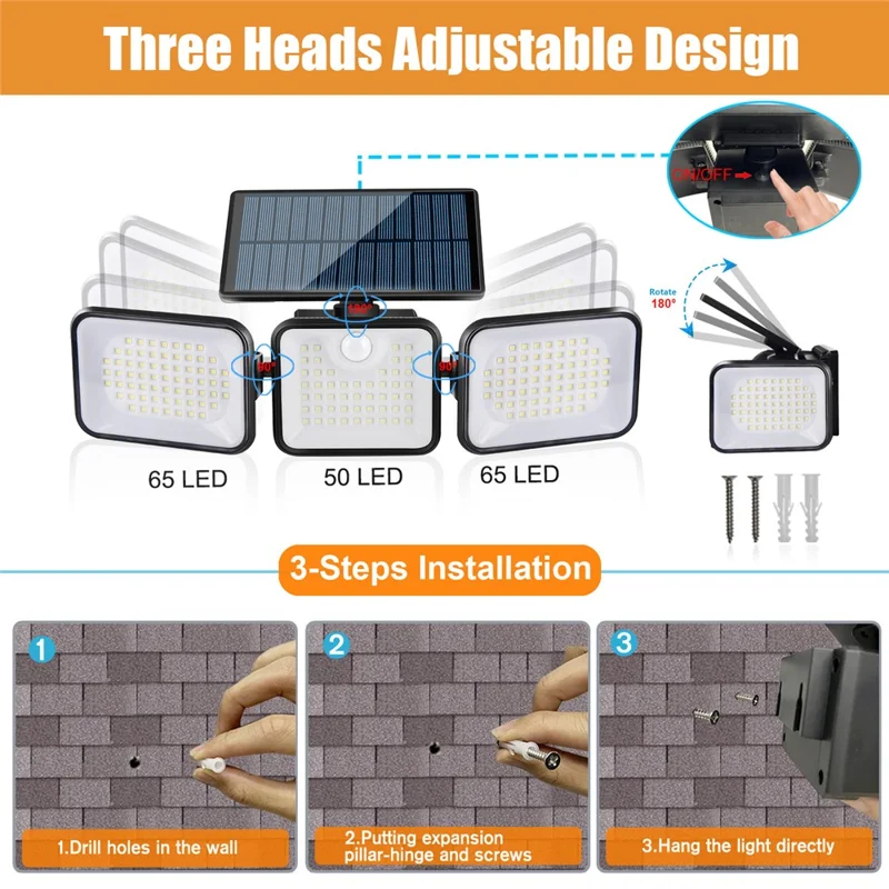 YY-21803 Solar Powered 180-LED Motion Sensor Wall Light 3-Head Rotatable Spotlight 400 Lumens IP65 Waterproof Security Lamp for Outdoor Garden