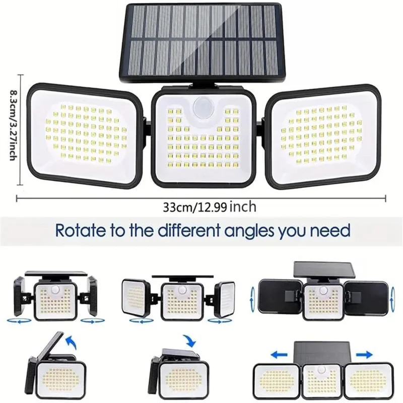 YY-21803 Solar Powered 180-LED Motion Sensor Wall Light 3-Head Rotatable Spotlight 400 Lumens IP65 Waterproof Security Lamp for Outdoor Garden