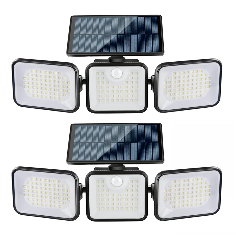 YY-21803 2 Stück Solarbetriebene Sicherheitsleuchte 180-LED 3-köpfige drehbare IP65 wasserdichte Bewegungsmelder-Wandleuchte für Garten, Hof, Wandmontage