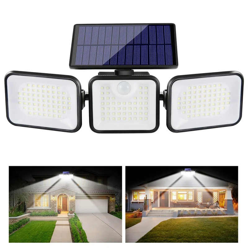 YY-21803 2 Stück Solarbetriebene Sicherheitsleuchte 180-LED 3-köpfige drehbare IP65 wasserdichte Bewegungsmelder-Wandleuchte für Garten, Hof, Wandmontage