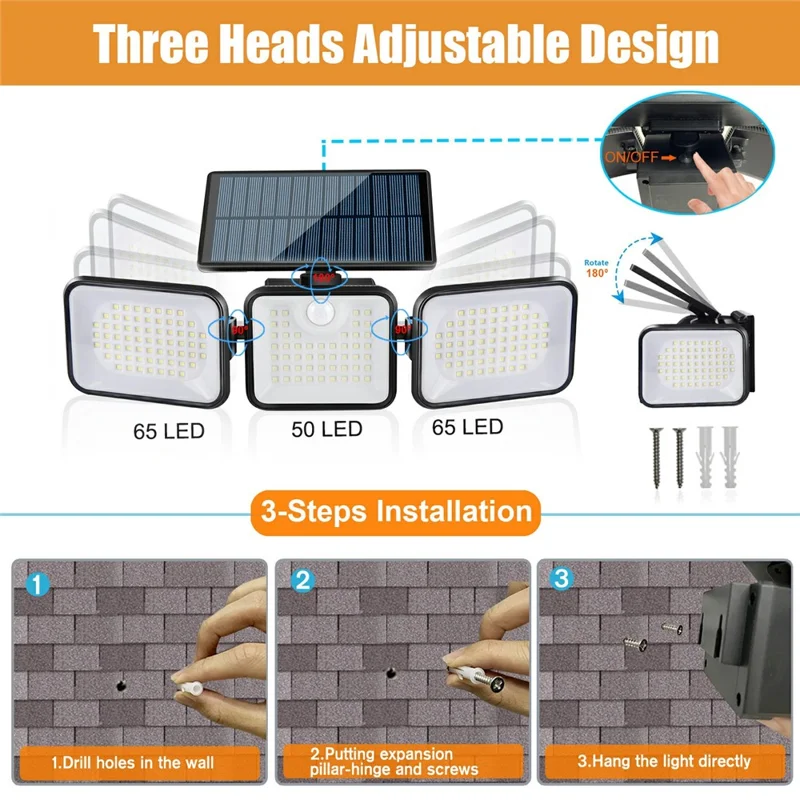 YY-21803 2 Stück Solarbetriebene Sicherheitsleuchte 180-LED 3-köpfige drehbare IP65 wasserdichte Bewegungsmelder-Wandleuchte für Garten, Hof, Wandmontage
