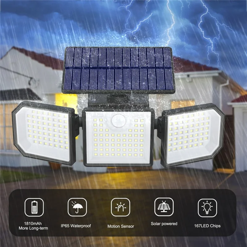 3-Kopf-LED-Solar-Wandlampe mit Bewegungssensor 167-LED IP65 wasserdicht verstellbare Sicherheitsleuchte für Außen Garten