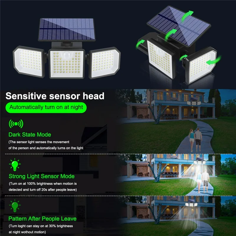 3-Kopf-LED-Solar-Wandlampe mit Bewegungssensor 167-LED IP65 wasserdicht verstellbare Sicherheitsleuchte für Außen Garten