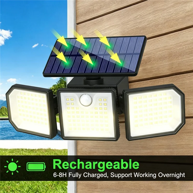 3-Kopf-LED-Solar-Wandlampe mit Bewegungssensor 167-LED IP65 wasserdicht verstellbare Sicherheitsleuchte für Außen Garten