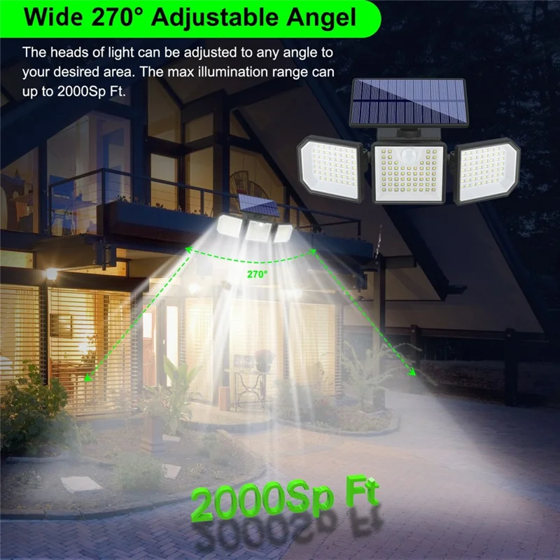 3-Kopf-LED-Solar-Wandlampe mit Bewegungssensor 167-LED IP65 wasserdicht verstellbare Sicherheitsleuchte für Außen Garten
