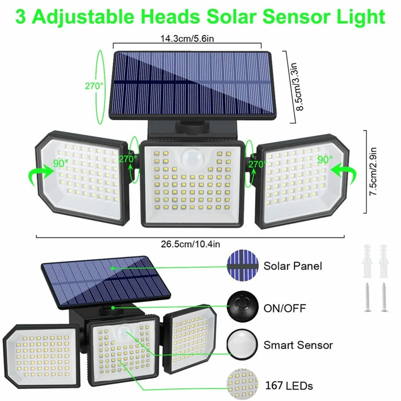 2 Stück 3-Kopf LED Solar Wandlampe Bewegungsmelder 167-LED IP65 wasserdicht verstellbare Sicherheitsleuchte für Außen Garten