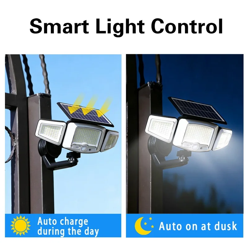 P74 Solar Motion Sensor Magnetic Wall Light Dual Charging 3-Head 231-LED Outdoor Wall Lamp