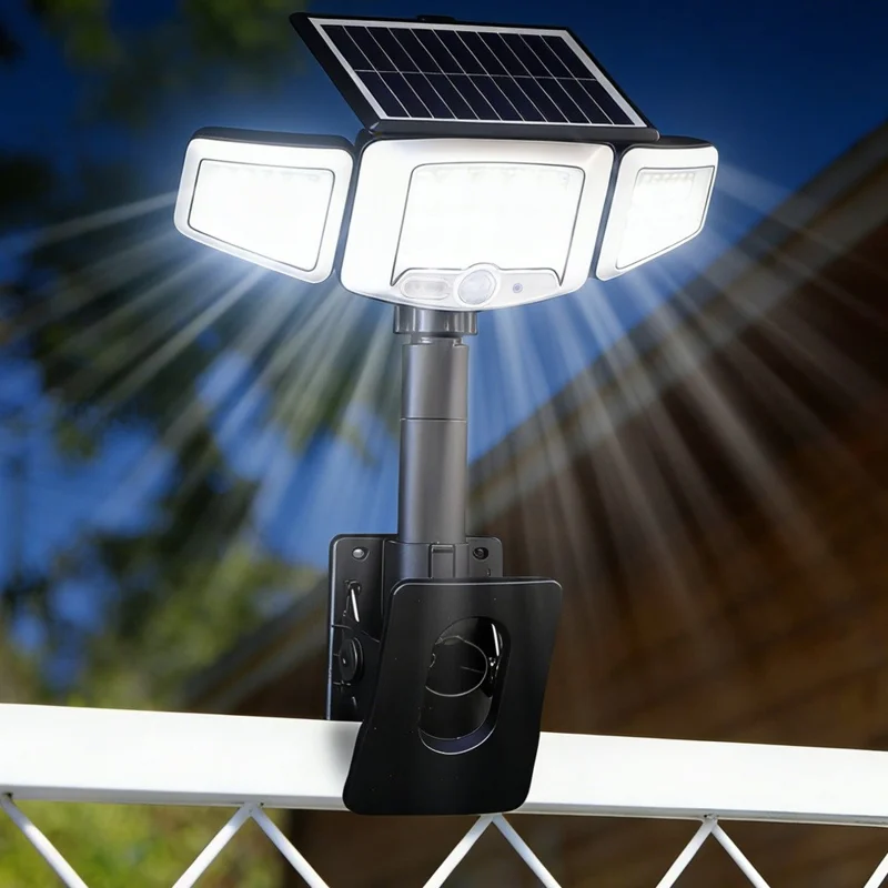 P73 Solar PIR Motion Sensor LED Light 3-Head Adjustable Clamp-On Dual Charging Garden Outdoor Lamp