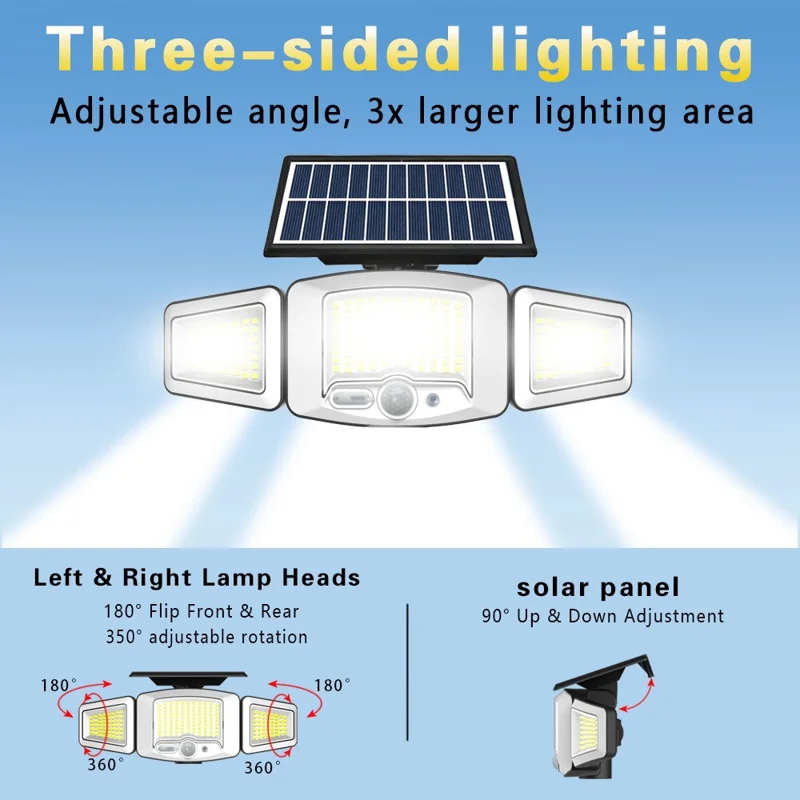P73 Solar PIR Motion Sensor LED Light 3-Head Adjustable Clamp-On Dual Charging Garden Outdoor Lamp