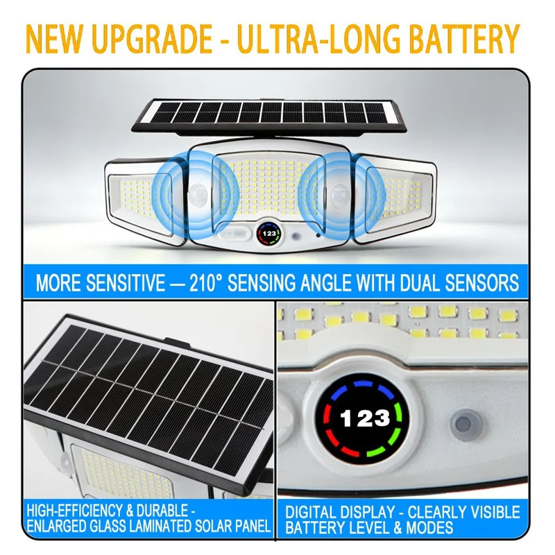 ضوء ليد ثلاثي الرؤوس مرنة بتصميم أخطبوط تعمل بالطاقة الشمسية P80 231-LED مع مستشعر حركة ضوء أمان خارجي مقاوم للماء IP65