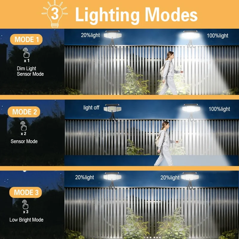 ضوء ليد ثلاثي الرؤوس مرنة بتصميم أخطبوط تعمل بالطاقة الشمسية P80 231-LED مع مستشعر حركة ضوء أمان خارجي مقاوم للماء IP65
