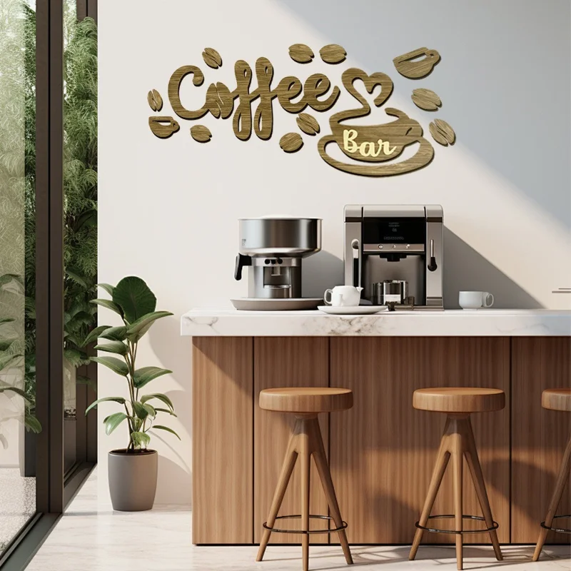 1 Set Créatif Décor Mural Bois Bar à Café Lettrage 3D, Autocollant Décor pour Café, Bar Maison - Brun