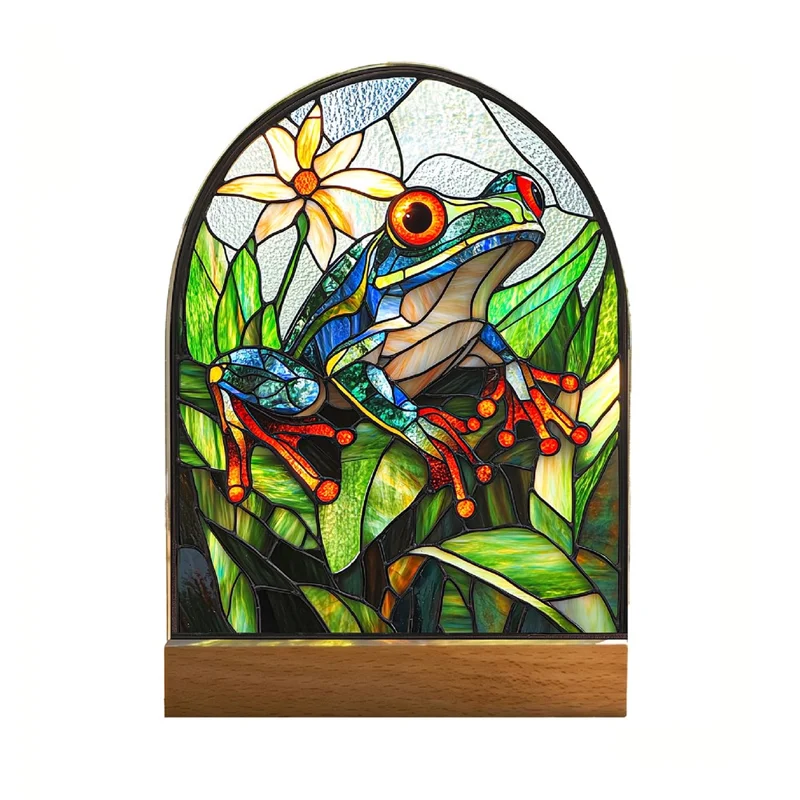 Ornement de bureau acrylique 2D créatif, style vitrail, motif grenouille, décor d'intérieur étanche avec base en bois - SCB1940-3