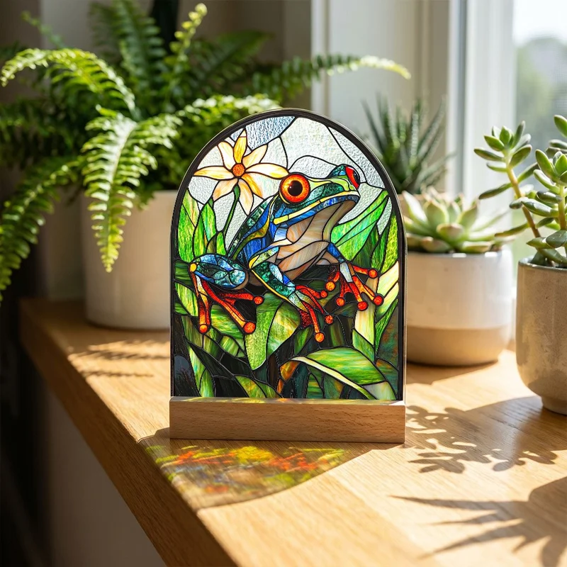 Ornement de bureau acrylique 2D créatif, style vitrail, motif grenouille, décor d'intérieur étanche avec base en bois - SCB1940-3